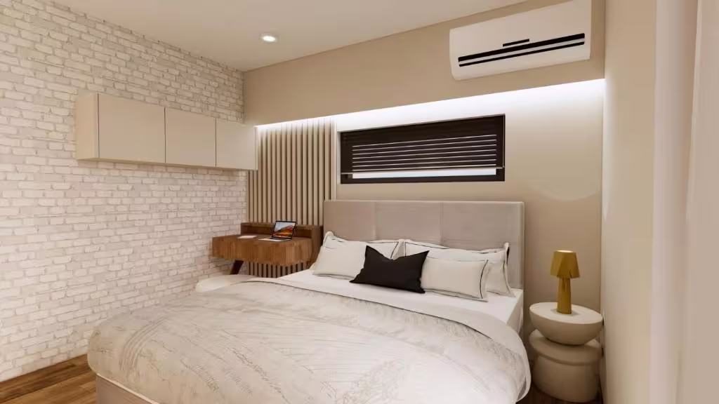 Bedroom with white brick wall