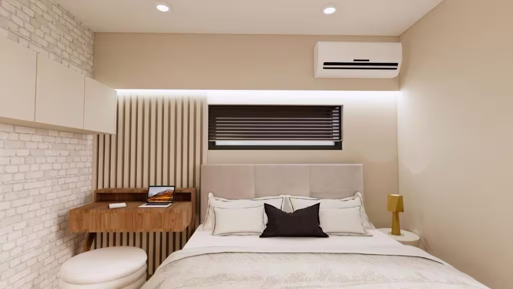 Bedroom desk and slatted headboard