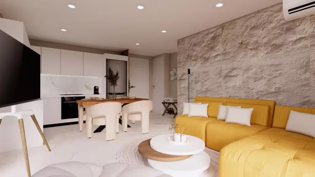 Living room, dining table and open kitchen